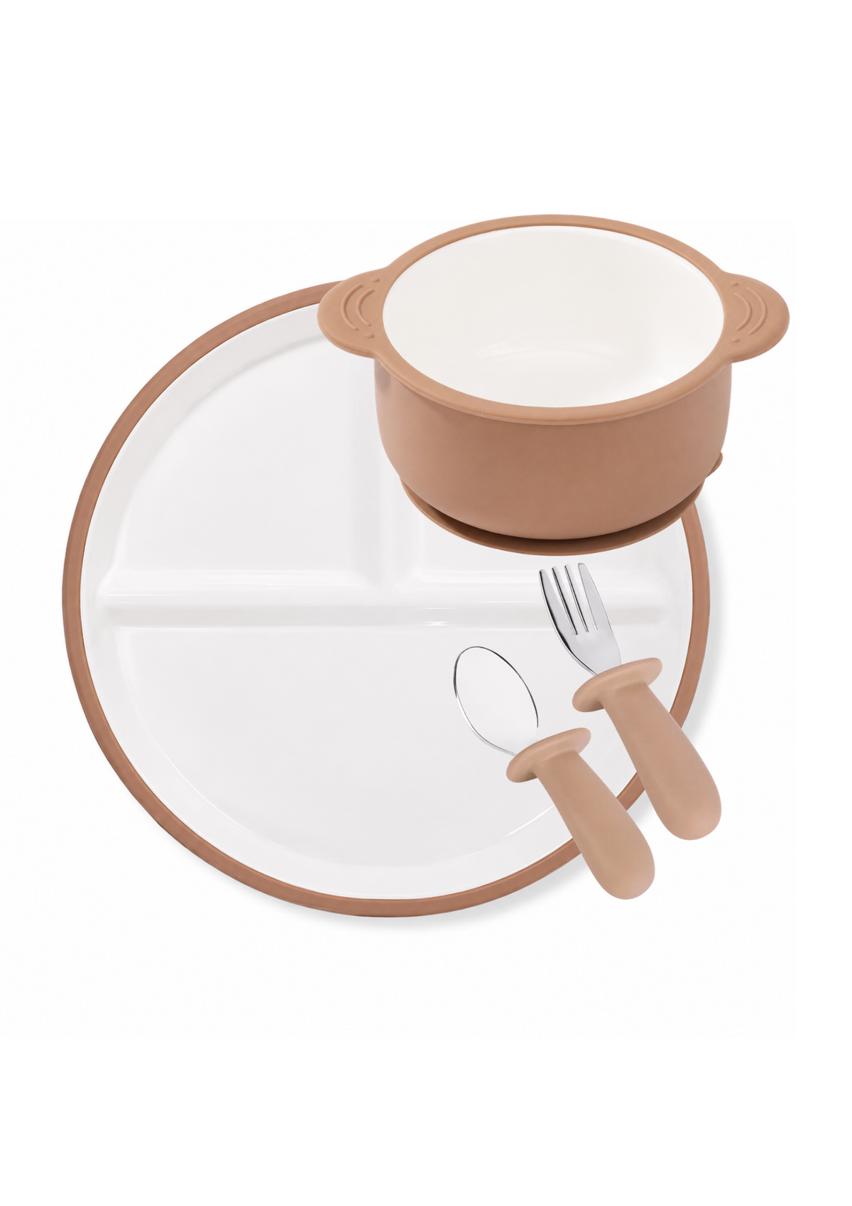Ceramic Set in Cocoa Brown - divided plate, bowl, and cutlery